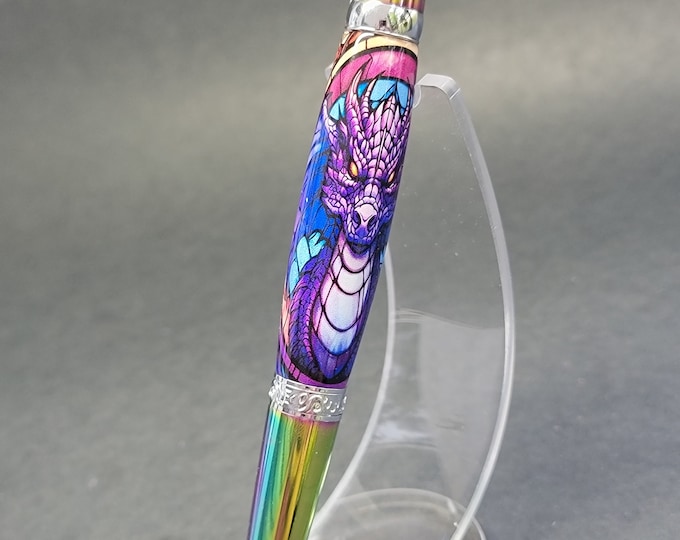Handmade pen, Purple Dragon Stained Glass.  Rainbow Oil Slick hand turned luxury pen