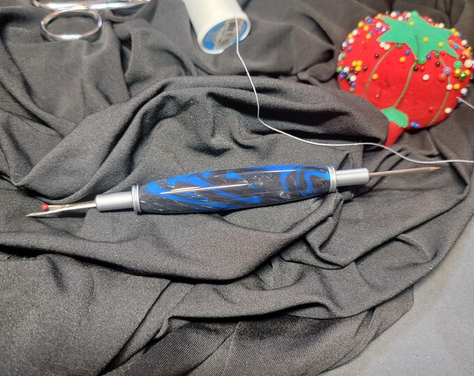 Seam ripper and stiletto combo, handmade blue smoke acrylic sewing and quilting tool gift