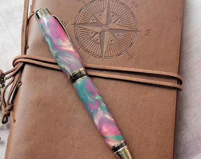 Handmade pen, "Miami" hand turned luxury pen, art deco pink, green and gold colors