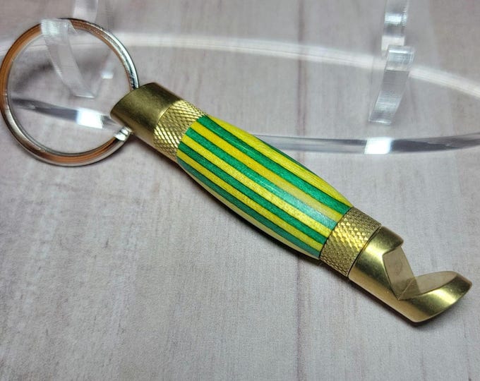 Bottle opener, wood- green & yellow. Hand turned keychain bottle opener