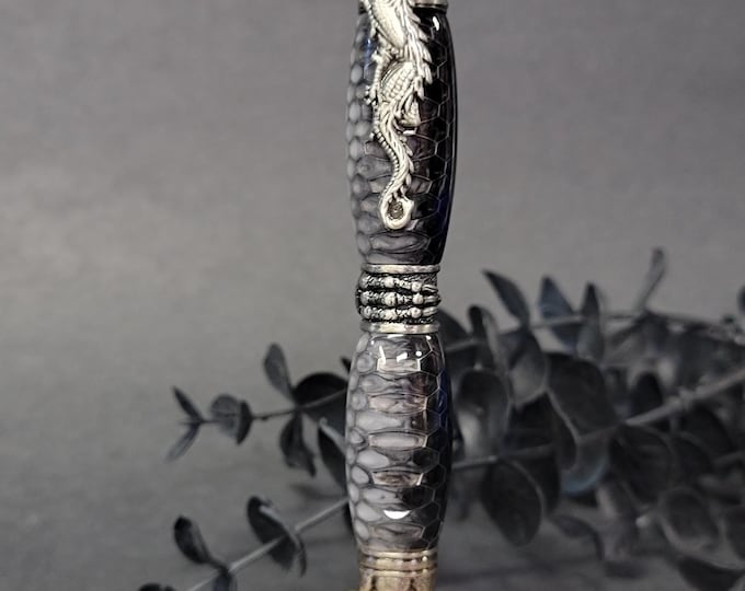 Dragon twist pen, Black and silver, hand turned ballpoint pen