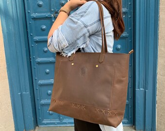 Leather Tote Bag Leather Anniversary Gift for Women Zipper Outside Pocket Totes Leather Purse Christmas Gifts For Her