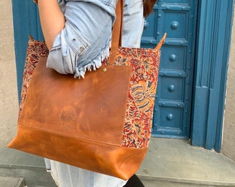 Handmade Leather & Fabric Tote Bag, Leather Tote with zipper fits 13 inch laptop in colourful Fabric for office, school, easy to carry.