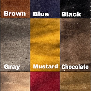 Grid of leather colour samples showing brown, blue, black, grey, mustard, chocolate, beige, red and tan shades for product colour selection.