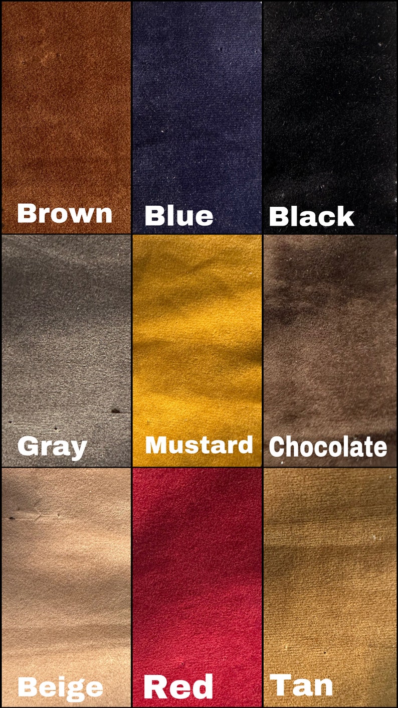 Grid of leather colour samples showing brown, blue, black, grey, mustard, chocolate, beige, red and tan shades for product colour selection.