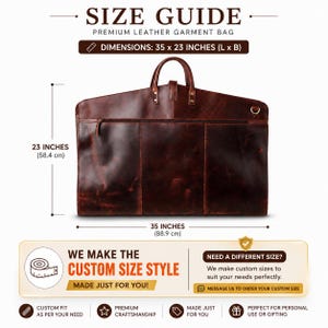 Size guide for a brown leather garment bag showing dimensions of 35 by 23 inches, with a custom-size option for different travel needs.