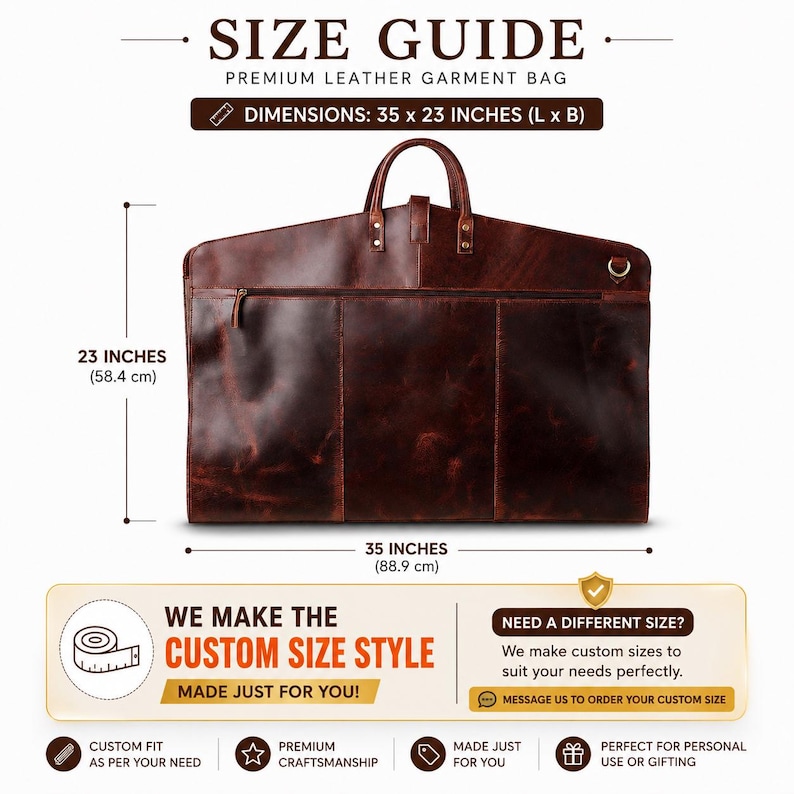 Size guide for a brown leather garment bag showing dimensions of 35 by 23 inches, with a custom-size option for different travel needs.