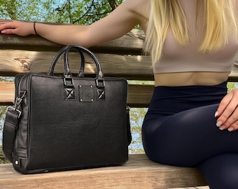 Elegant Black Leather Office Bag for Women Stylish Work Laptop Handbag for Professional Briefcase