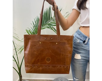 Personalized Extra Large Leather Tote Bag: Handmade Work & Travel Computer Bag