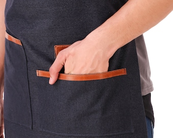 Leather Apron with 2 large pockets Adjustable Cross-Back Leather Straps for Comfort Woodworking Welding Grilling Apron Men and Women