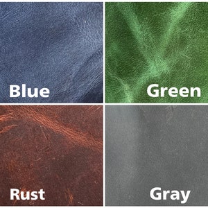 May include: Four leather swatches in different colors: blue, green, rust, and gray. The swatches are arranged in a 2x2 grid.