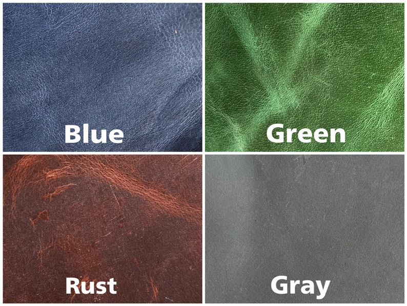 May include: Four leather swatches in different colors: blue, green, rust, and gray. The swatches are arranged in a 2x2 grid.