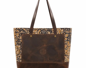 Handmade Genuine Leather Tote Bag, Handprinted Fabric, Everyday Shopping Bag