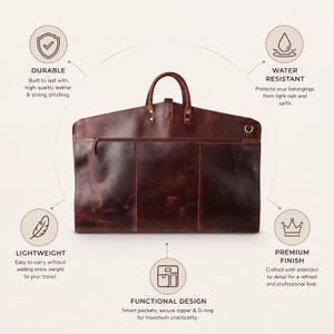 Folded brown leather garment bag showing its compact shape and leather exterior for storage between trips.