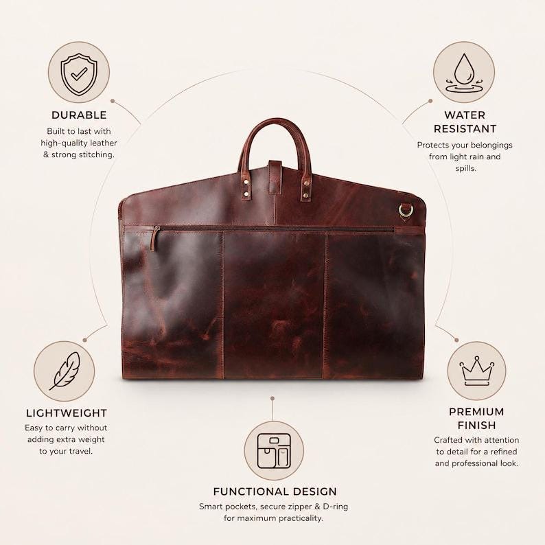 Folded brown leather garment bag showing its compact shape and leather exterior for storage between trips.