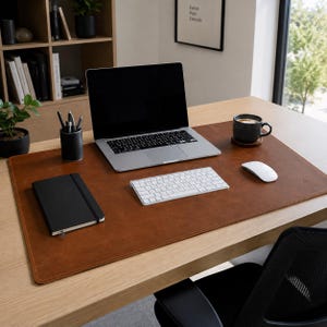 Peut inclure: Un grand sous-main rectangulaire en cuir marron avec des bords cousus. Le tapis est posé sur un bureau en bois et supporte un ordinateur portable argenté, un clavier sans fil blanc, une souris blanche, un carnet noir et une tasse gris foncé.