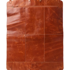 May include: A brown leather garment bag with a top handle and a bottom handle. The bag has a zipper closure and several metal D-rings. The leather has a distressed appearance. The bag is designed to carry clothing.