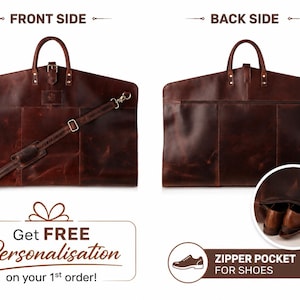 Size guide for a brown leather garment bag showing dimensions of 35 by 23 inches, with a custom-size option for different travel needs.