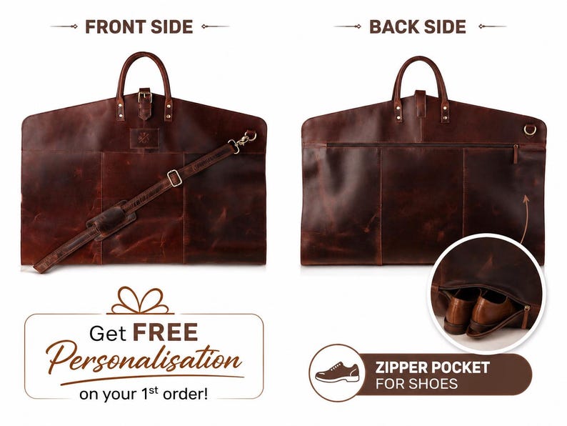 Size guide for a brown leather garment bag showing dimensions of 35 by 23 inches, with a custom-size option for different travel needs.