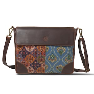 Sacoche pour ordinateur portable en cuir et tissu imprimé à la main pour homme et femme, sacs à main en tissu multicolore pour le bureau et le travail.
