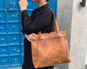 Leather Tote Bag For Women Large With Zipper Pocket Handmade Brown Tote With Shoulder Strap Shoulder Bag Crossbody Messenger Handbag Handles
