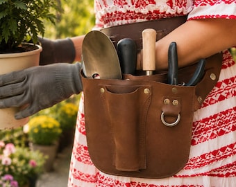 Handgefertigter Werkzeuggürtel aus Leder für Floristen und Gärtner, Vollnarbenleder, verstellbarer Bund, mehrere Taschen