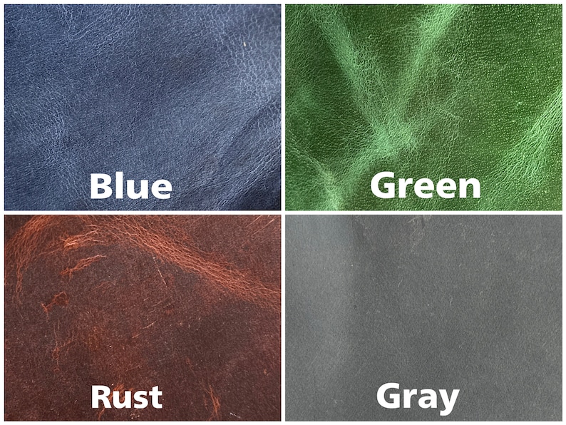 Puede incluir: Una cuadr&iacute;cula de cuatro paneles que muestra muestras de cuero texturizado en azul, verde, &oacute;xido y gris. Cada secci&oacute;n presenta el nombre del color en texto blanco sobre el material. El cuero muestra patrones de grano, pliegues y variaciones.