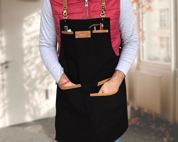 Featured listing image: Personalized Leather Canvas Work Apron Custom Engraved Gift for Him Woodworker Chef Barber