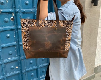 On Sale- Leather Laptop Tote Bag Fabric Block-Print, Personalized Zipper Work Bag