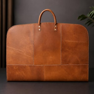 Puede incluir: Una funda para ropa de cuero color canela con forma rectangular y esquinas superiores redondeadas, un asa central única sujeta con remaches metálicos y paneles cosidos visibles en la parte frontal de la bolsa de transporte.