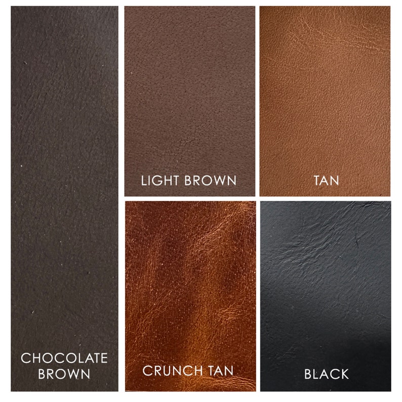 May include: Six leather swatches in different colors and textures. The swatches are labeled "Chocolate Brown", "Light Brown", "Tan", "Crunch Tan", and "Black".