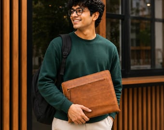 Personalized Leather Portfolio Organizer Folders Leather Padfolio for Men Zipper A4 Document Holder
