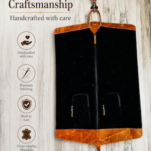 Front and back views of a dark brown leather garment bag showing its handles, detachable shoulder strap, rear zip pocket and shoe storage compartment.