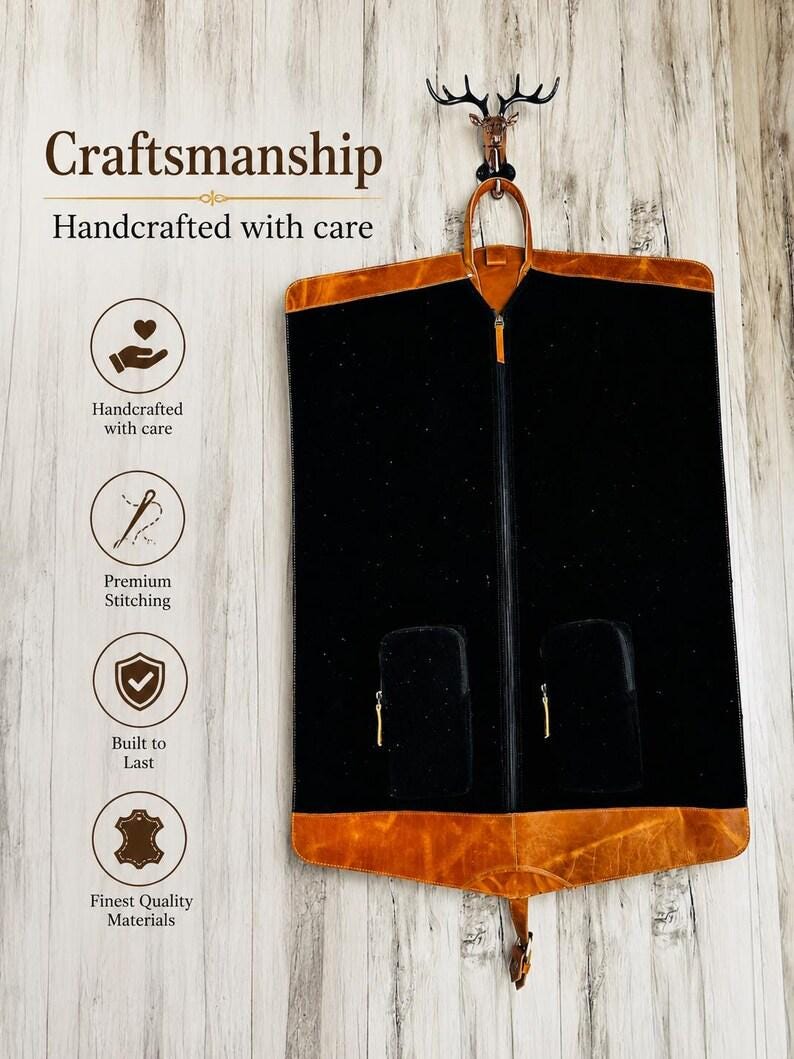 Front and back views of a dark brown leather garment bag showing its handles, detachable shoulder strap, rear zip pocket and shoe storage compartment.