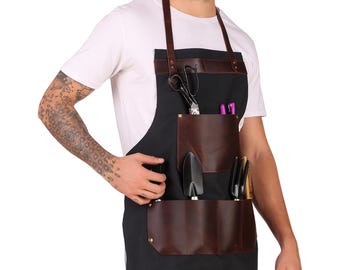 Canvas Workshop Apron with Pockets, Custom Gift for Him, Personalized Bar Apron, Embroidered Kitchen Apron, Barbeque Apron, Bartender Apron