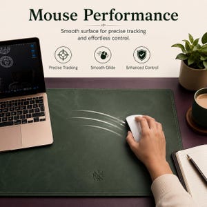 May include: A rectangular dark green desk mat with stitched edges and a small embossed logo at the bottom center. The mat features text reading Mouse Performance, Smooth surface for precise tracking and effortless control, Precise Tracking, Smooth Glide, and Enhanced Control.