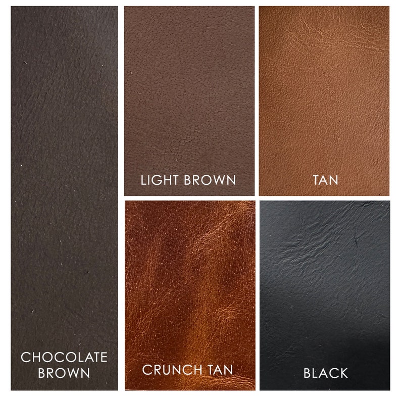 Puede incluir: Una cuadr&iacute;cula de cinco muestras de cuero etiquetadas con sus respectivos colores: Chocolate Brown, Light Brown, Tan, Crunch Tan y Black. Cada muestra presenta una textura y tono distintos, desde tonos oscuros lisos hasta un acabado r&uacute;stico y texturizado.