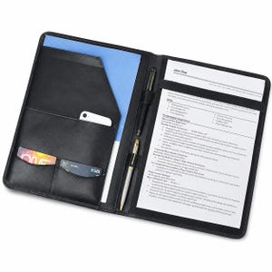 May include: A black leather portfolio folder featuring an open interior with a document sleeve, two card slots containing credit cards, a smartphone pocket, and two pen loops holding a black pen and a silver pen, with a resume document inserted.