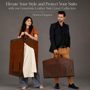 A person carrying a brown leather garment bag while another person displays an open garment cover with a formal jacket inside.