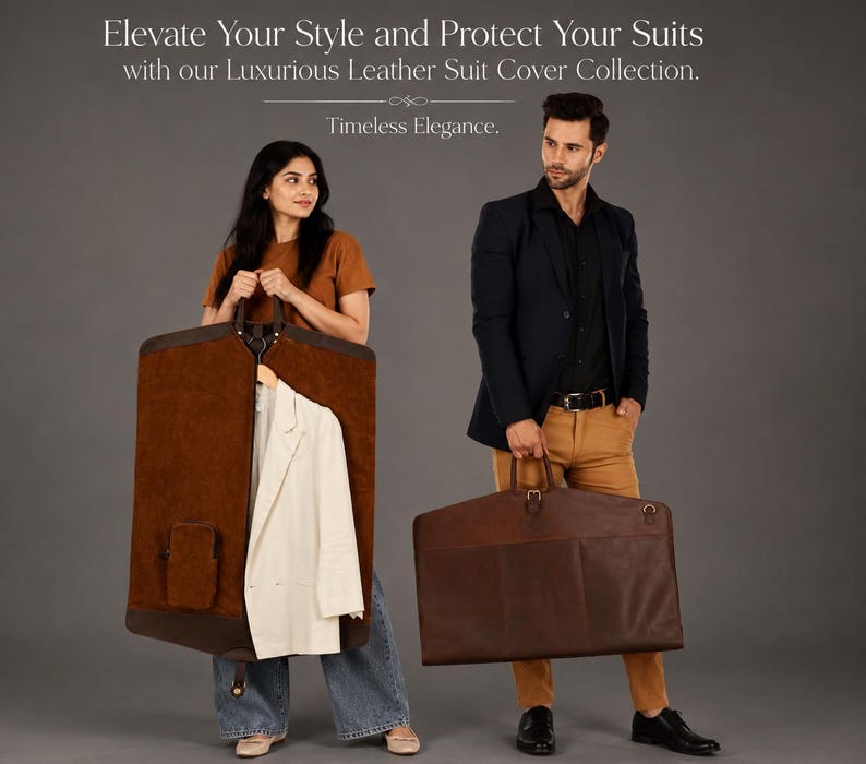A person carrying a brown leather garment bag while another person displays an open garment cover with a formal jacket inside.
