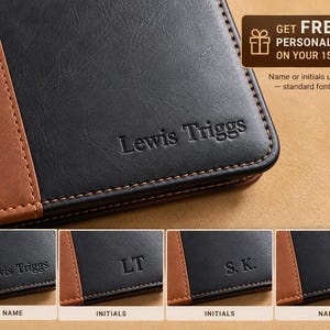 May include: A rectangular, bi-fold leather wallet featuring a black main panel and a brown side panel with visible stitching. The wallet is embossed with the name Lewis Triggs. Additional examples show the wallet personalized with LT, S. K., and Alex.