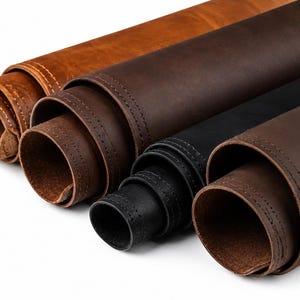 Könnte beinhalten: Vier Lederrollen, die in einer diagonalen Reihe angeordnet sind. Die Rollen weisen verschiedene Braun-, Beige- und Schwarztöne auf. Jede Rolle zeigt eine glatte, matte Oberflächenstruktur mit sichtbaren Nähten entlang der Materialkanten.