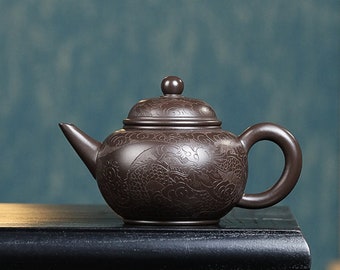 Yixing Purple Clay (Zisha) Teapot [Dragon Carved Shui Ping 龙纹水平] (Gift Box / Certificate Included) [YIQIN TEA HOUSE]