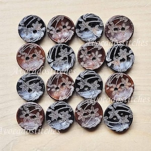 15mm - 10 buttons / DAFFODIL Dark Brown Wooden Carved Buttons / 2-Hole Wood Bowl Buttons / Sewing / Scrapbooking / Embellishments