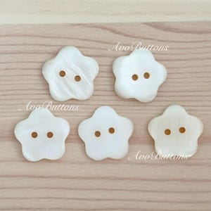 May include: Five white, star-shaped buttons with two brown holes each. The buttons have a pearlescent sheen and are arranged on a light brown wooden surface. The text "Avo Buttons" is written in cursive on the surface.