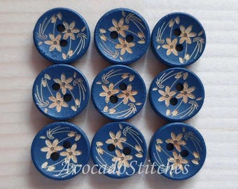 15mm - 10 buttons / DAFFODIL Navy Wooden Carved Buttons / 2-Hole Wood Bowl Buttons / Sewing / Scrapbooking / Embellishments / Crafts