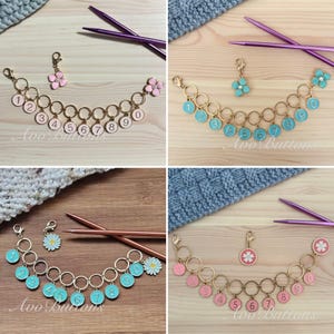 May include: Four images displaying stitch markers for knitting and crochet. Each set includes a chain of numbered markers (0-9) in gold, with matching charms. The colours are pink, turquoise, and white, with flower and daisy charms. Knitting needles and yarn are also visible.