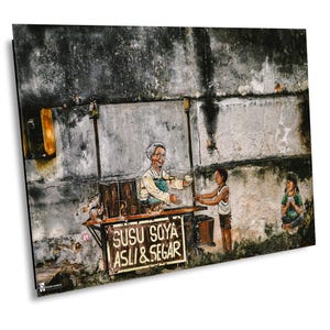 Penang Street Food Mural Wall Art, Susu Soya Asli & Segar Malaysia Cultural Street Scene Print, Southeast Asia Urban Canvas, Metal, Acrylic