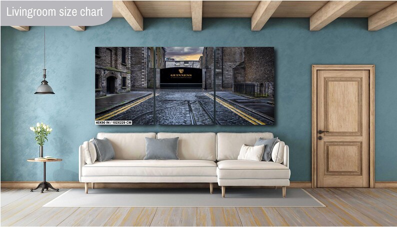 May include: A three-panel canvas print depicting a street scene in Dublin, Ireland. The central panel features a large, arched doorway with the words "The Guinness Storehouse" above it. The panels are 40x30 inches (101.6x76.2 cm).