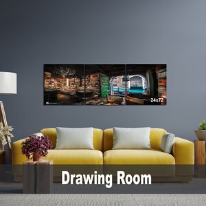 May include: A three-panel canvas print depicting a bookstore interior with a view of a canal. The print is displayed on a wall above a yellow couch in a living room setting. The print measures 24 inches by 72 inches.